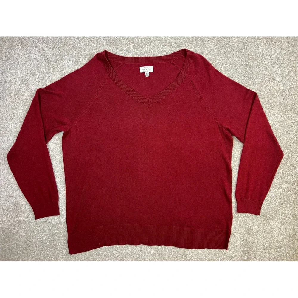 Lucky Brand Red V Neck Long Sleeve Sweater Top Women's XL Acrylic‎ Cotton